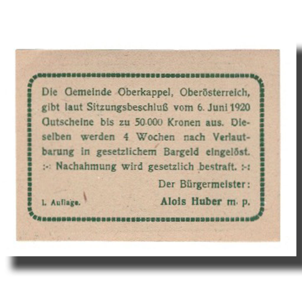 Banknot, Austria, Oberkappel O.Ö. Gemeinde, 20 Heller, Texte, Undated, Undated
