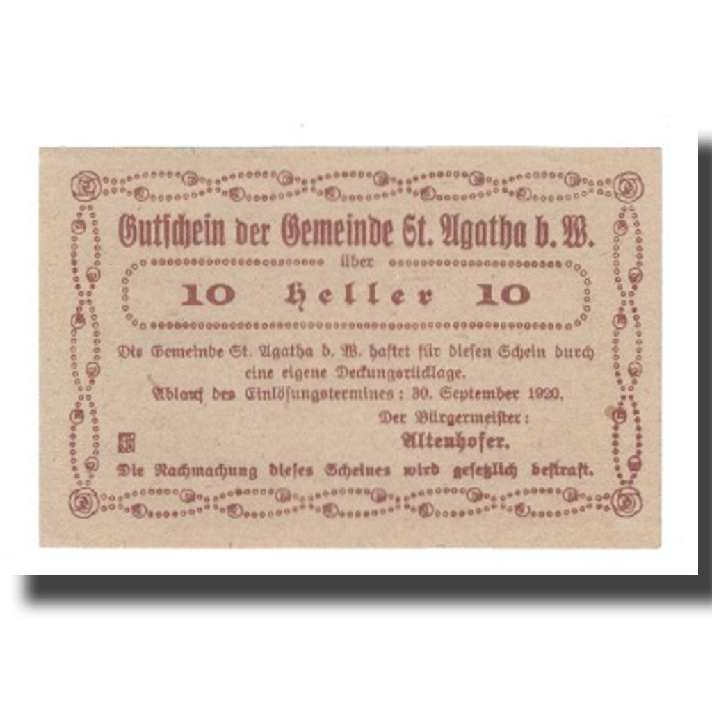 Banknot, Austria, St. Agatha Bei Weizenkirchen O.Ö. Gemeinde, 10 Heller, Texte