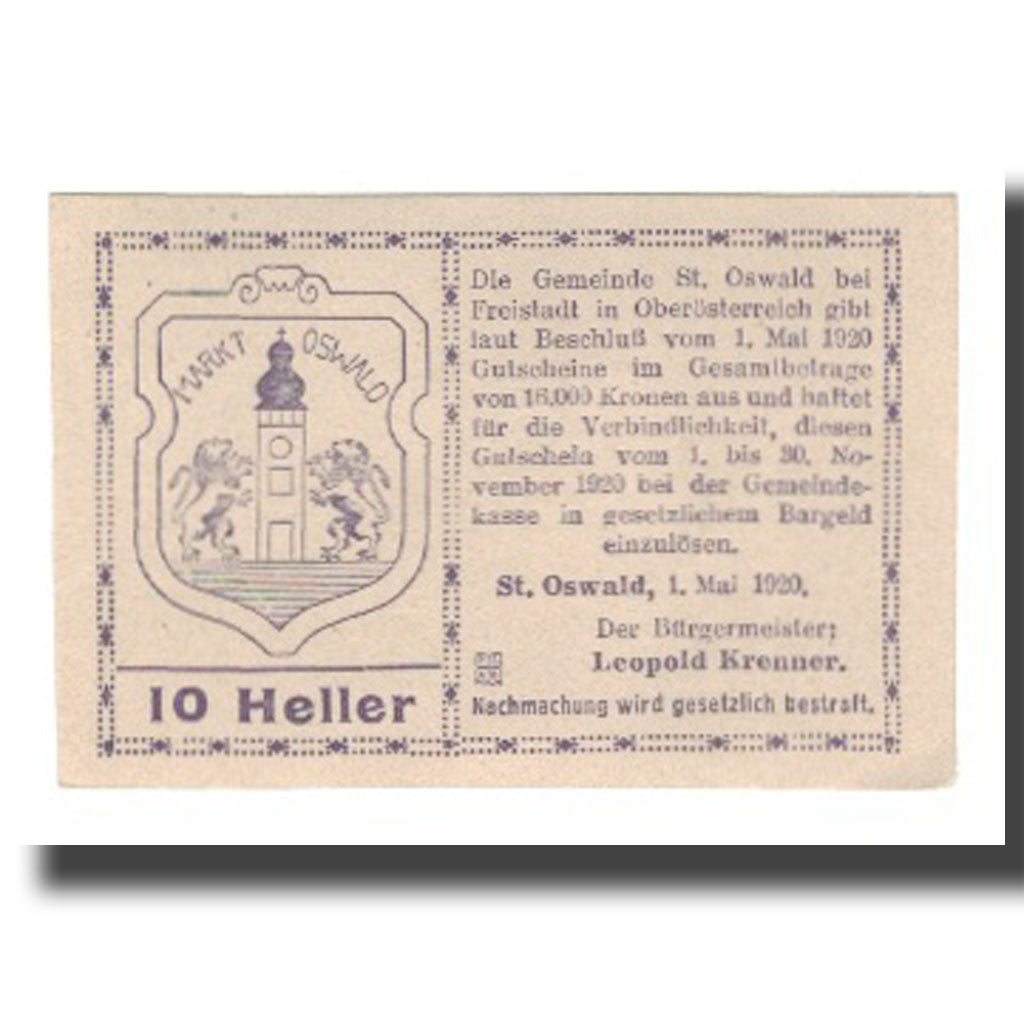 Banknot, Austria, St. Oswald bei Freistadt O.Ö. Gemeinde, 10 Heller, Blason