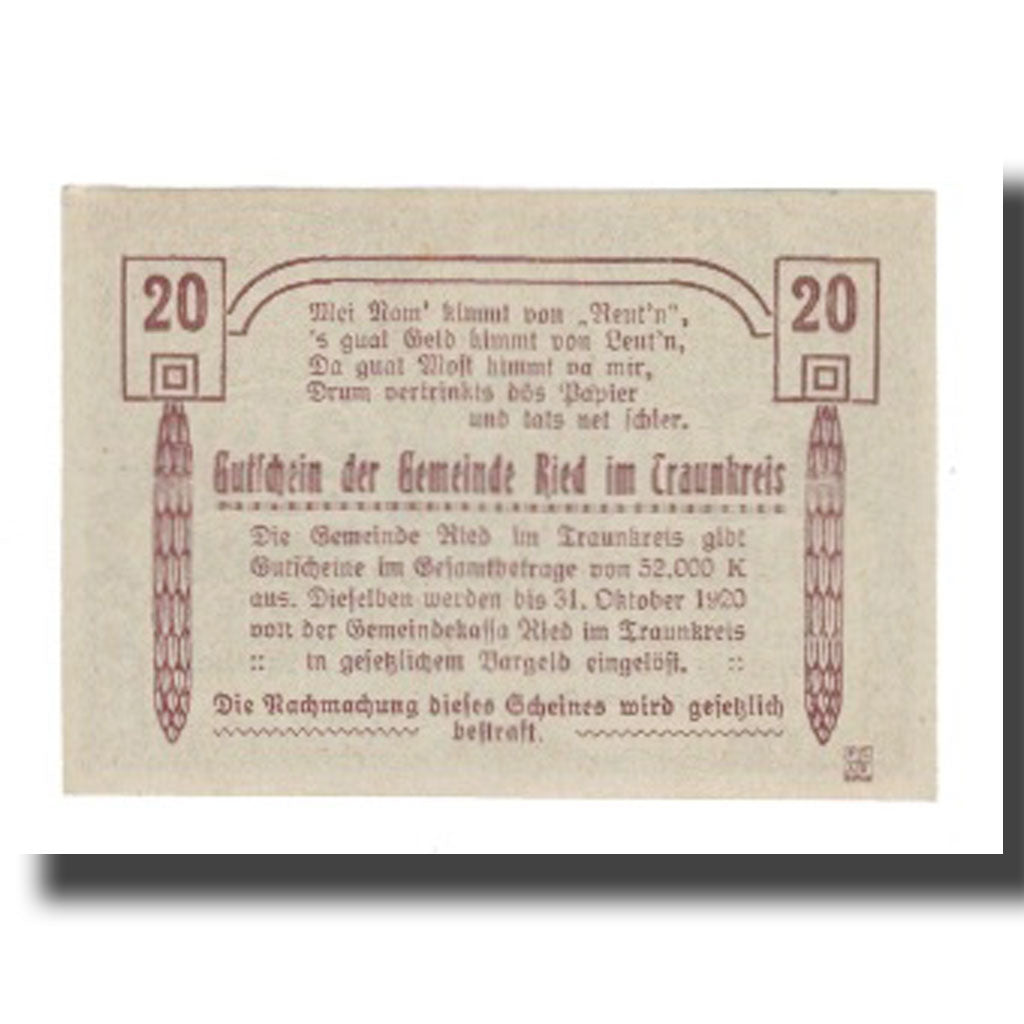 Geldschein, Österreich, Ried im Traunkreis O.Ö. Gemeinde, 20 Heller, Texte