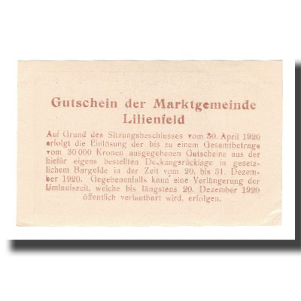 Banknot, Austria, Lilienfeld N.Ö. Marktgemeinde, 20 Heller, Texte, 1920