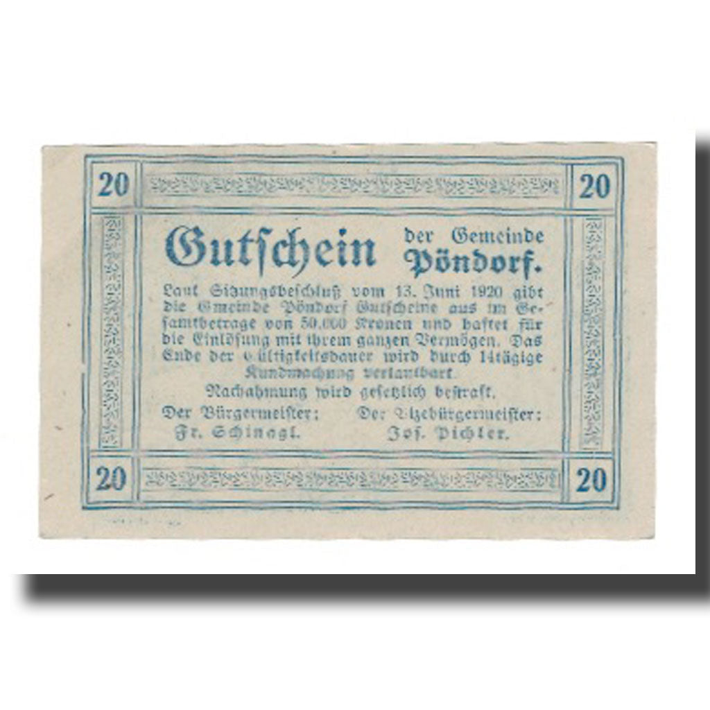 Banconote, Austria, Pöndorf O.Ö. Gemeinde, 20 Heller, Texte, SPL-, Mehl:FS 757