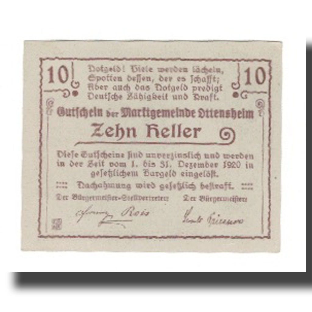 Banknot, Austria, Ottensheim O.Ö. Marktgemeinde, 10 Heller, Texte, 1920