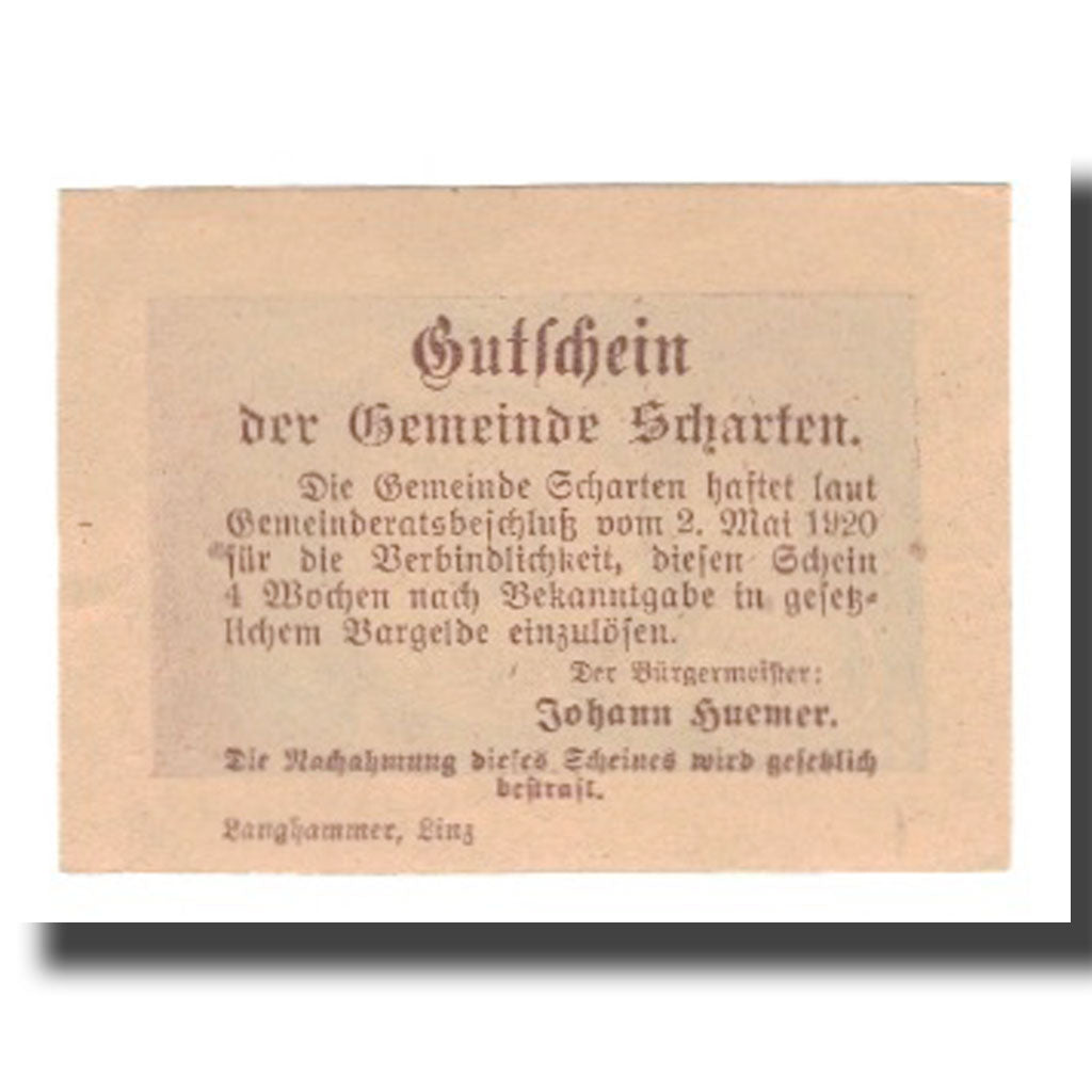 Geldschein, Österreich, Scharten O.Ö. Gemeinde, 10 Heller, Texte, VZ, Mehl:FS
