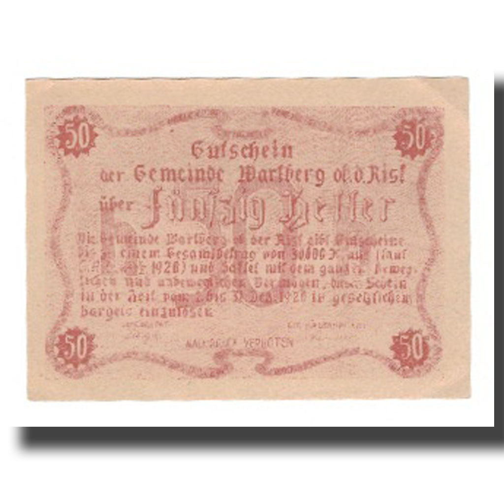 Banconote, Austria, Wartberg ob der Aist O.Ö. Gemeinde, 50 Heller, Texte, 1920