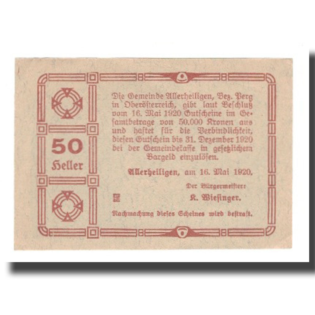 Banknot, Austria, Allerheiligen O.Ö. Gemeinde, 50 Heller, Texte, 1920