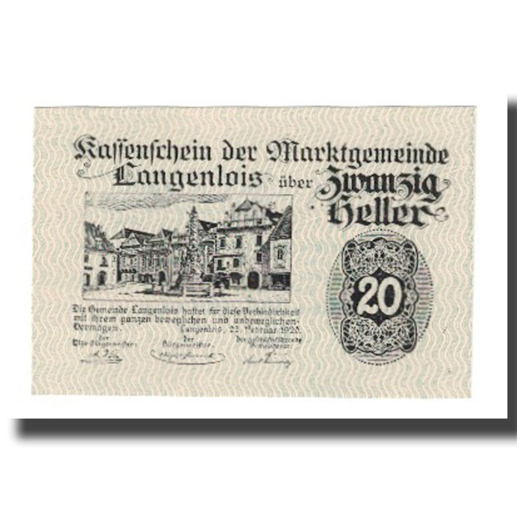 Geldschein, Österreich, Langenlois N.Ö. Marktgemeinde, 20 Heller, Texte, 1920