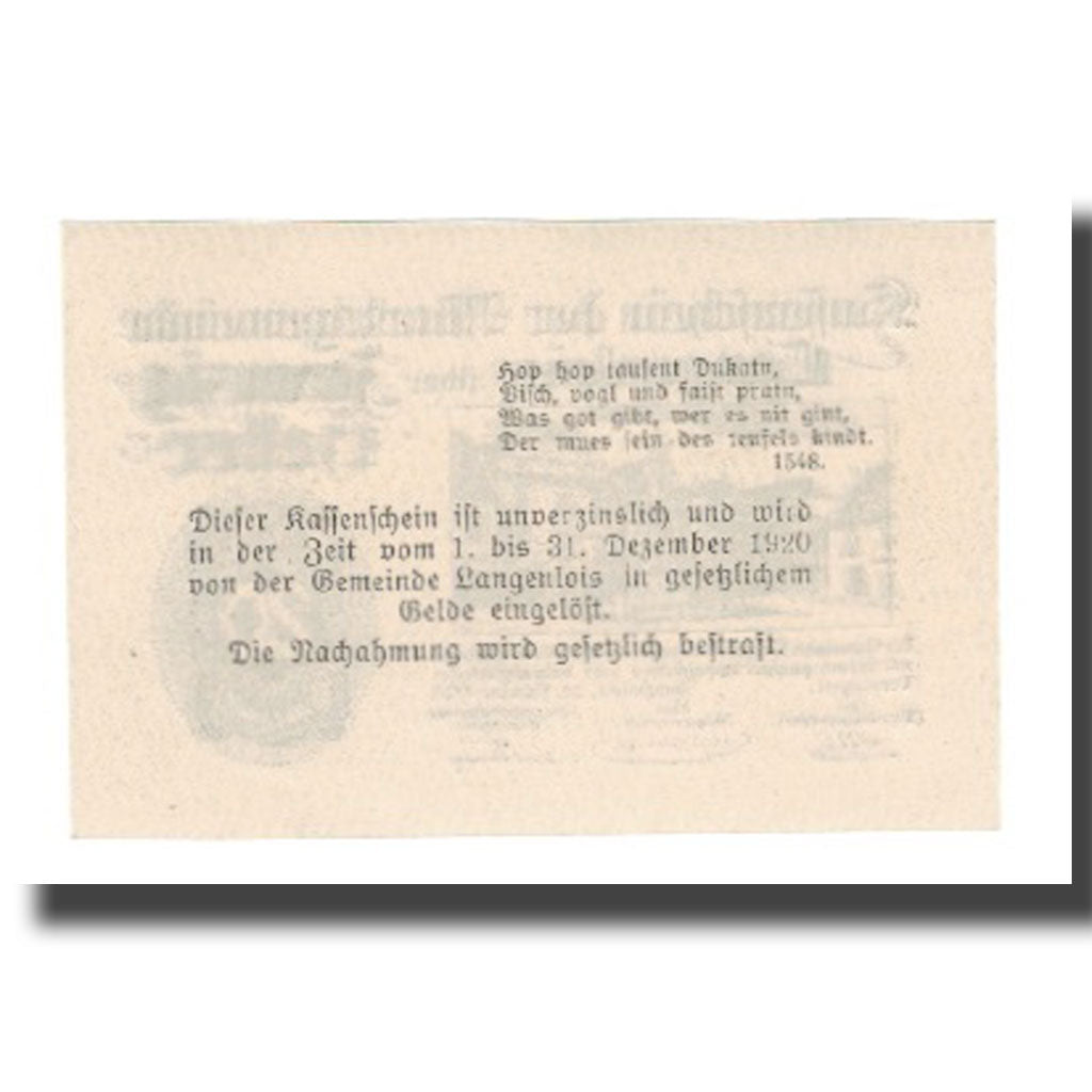 Geldschein, Österreich, Langenlois N.Ö. Marktgemeinde, 20 Heller, Texte, 1920