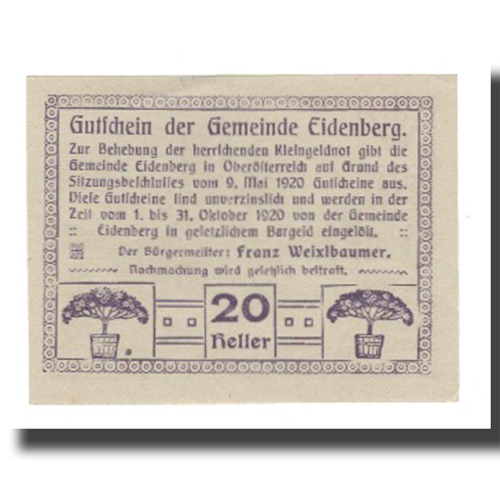 Banknot, Austria, Eidenberg O.Ö. Gemeinde, 20 Heller, Texte, 1920, 1920-12-31