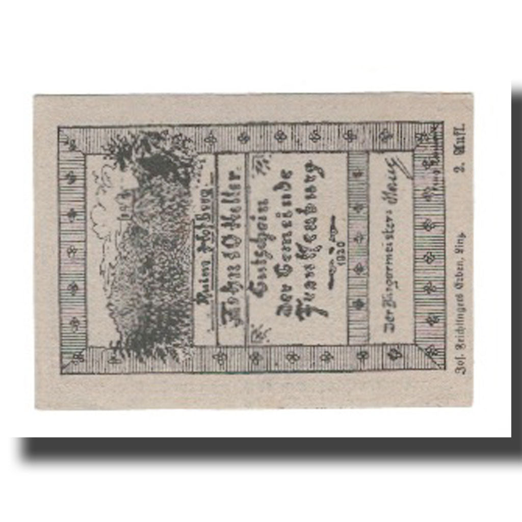 Banknot, Austria, Frankenburg O.Ö. Gemeinde, 10 Heller, Texte, 1920