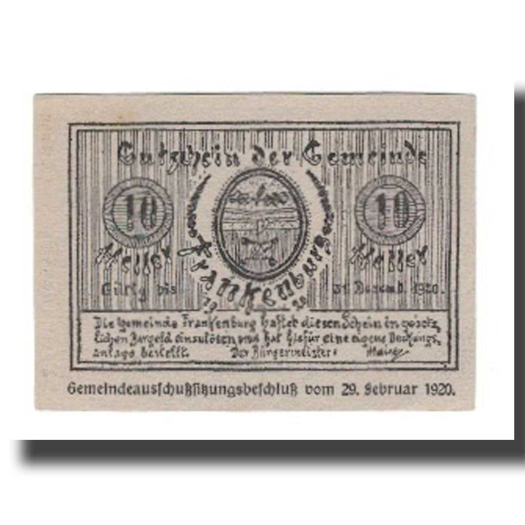 Banknot, Austria, Frankenburg O.Ö. Gemeinde, 10 Heller, Texte, 1920