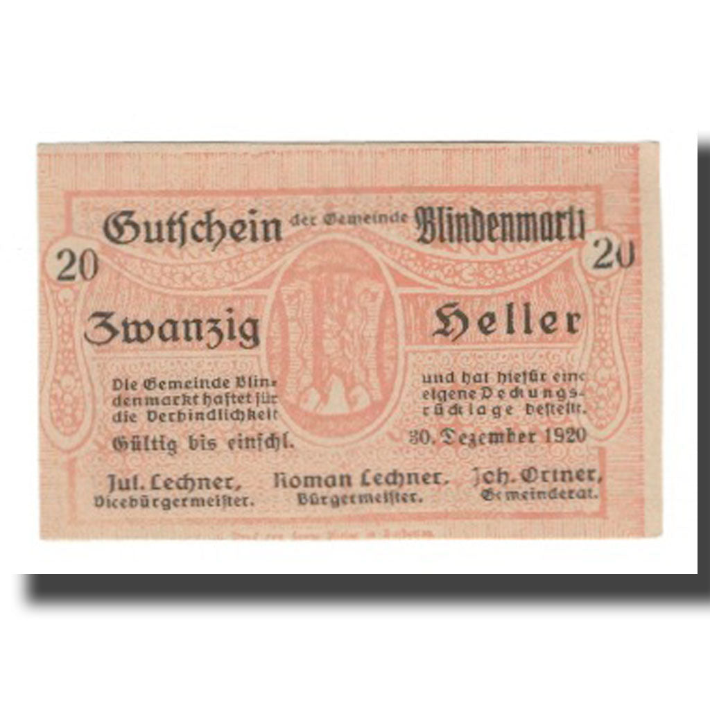 Geldschein, Österreich, Blindenmarkt N.Ö. Gemeinde, 20 Heller, Texte, 1920