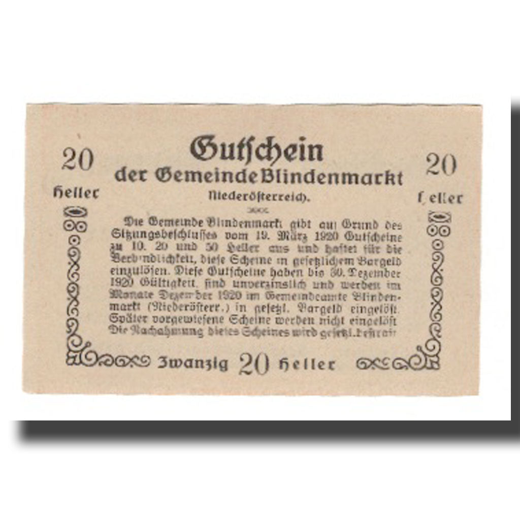 Geldschein, Österreich, Blindenmarkt N.Ö. Gemeinde, 20 Heller, Texte, 1920
