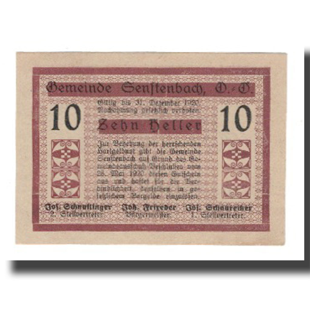 Banknot, Austria, Senftenbach O.Ö. Gemeinde, 10 Heller, Texte, 1920
