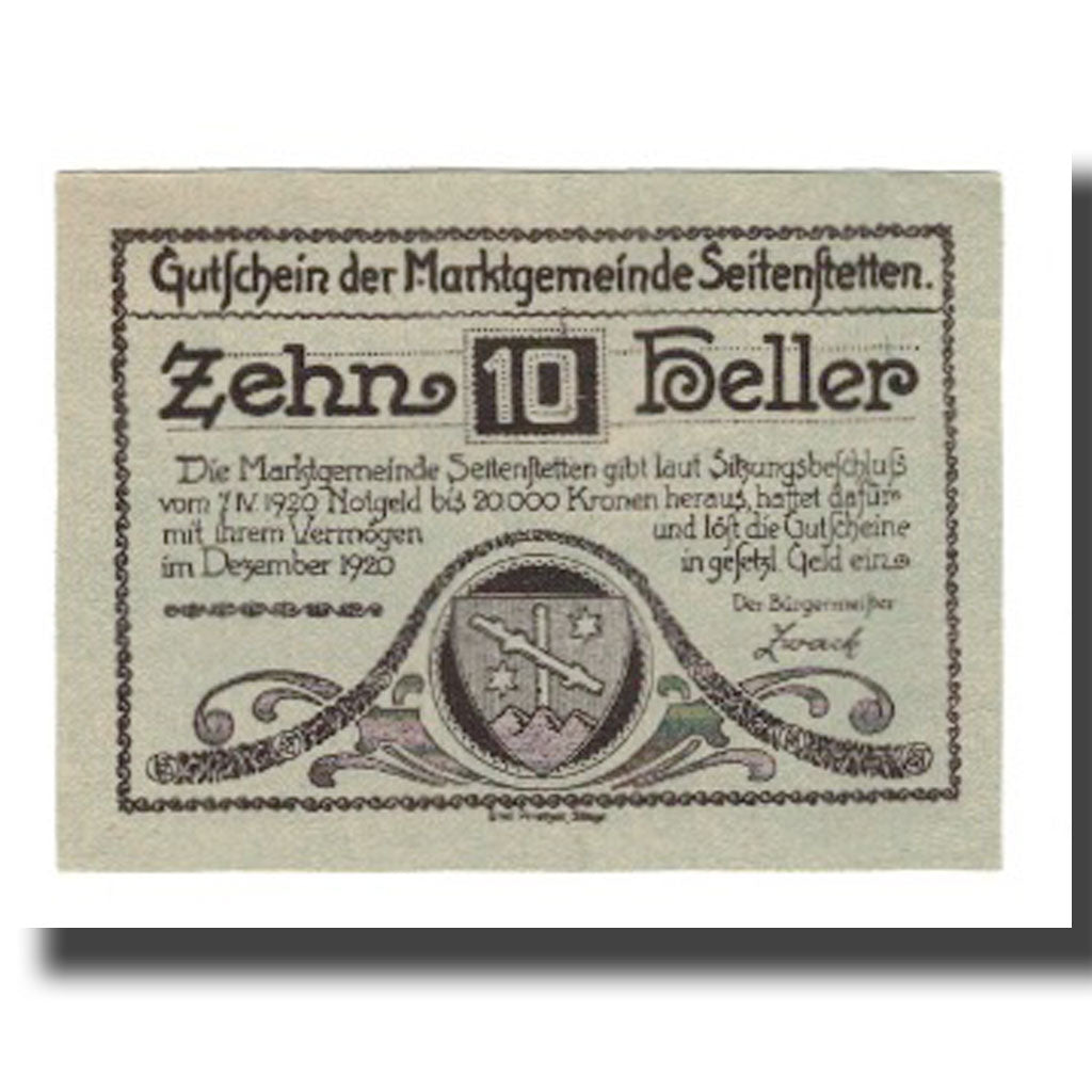 Banknot, Austria, Seitenstetten N.Ö. Marktgemeinde, 10 Heller, Clocher, 1920
