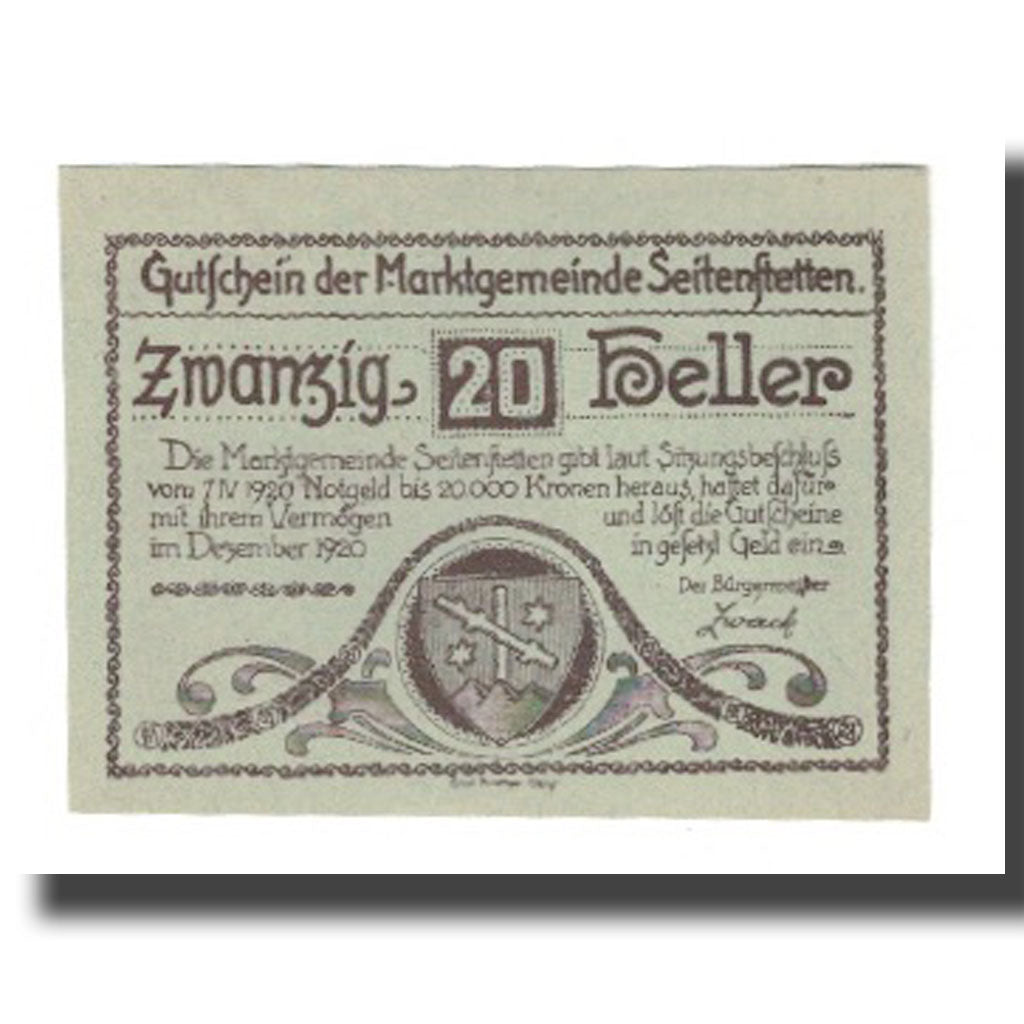 Geldschein, Österreich, Seitenstetten N.Ö. Marktgemeinde, 20 Heller, paysage