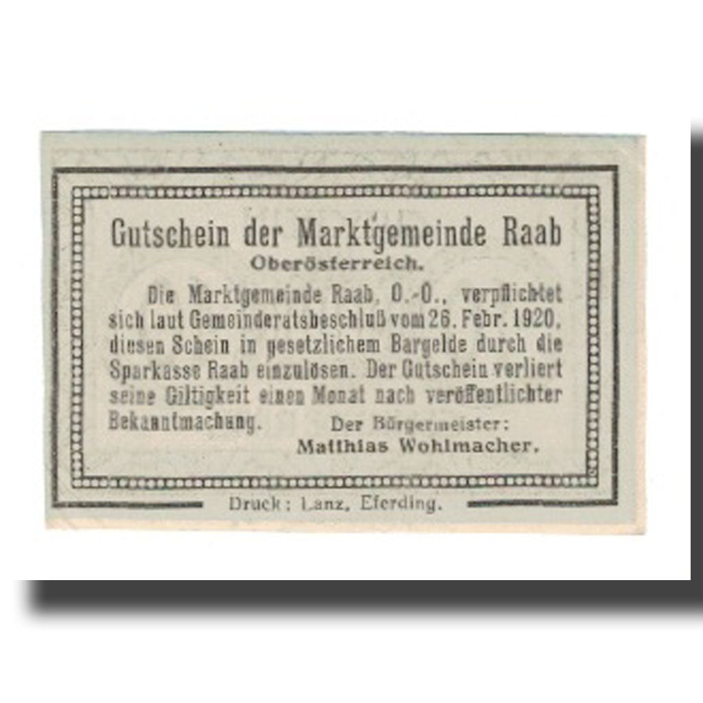 Geldschein, Österreich, Raab O.Ö. Marktgemeinde, 10 Heller, Texte, VZ, Mehl:FS