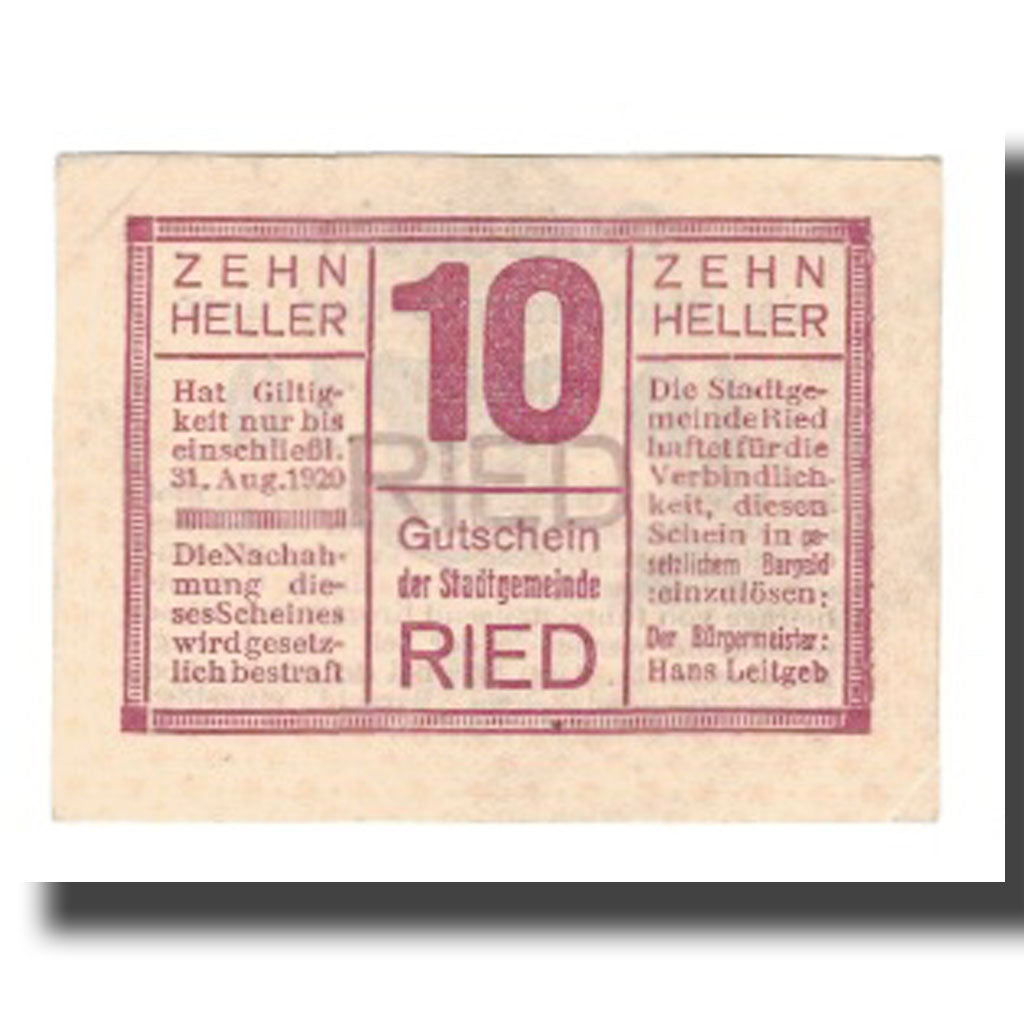Geldschein, Österreich, Ried im Innkreis O.Ö. Stadtgemeinde, 10 Heller, Texte