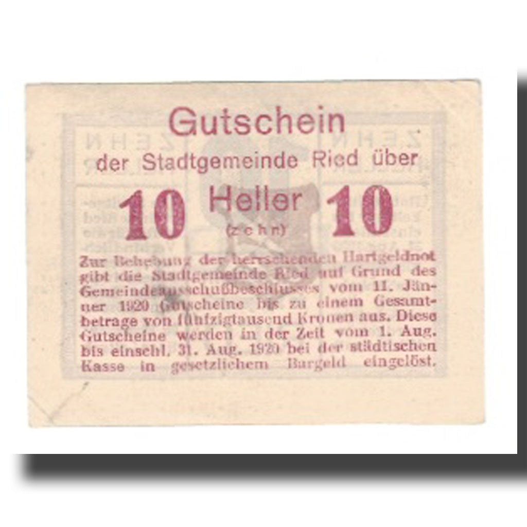Geldschein, Österreich, Ried im Innkreis O.Ö. Stadtgemeinde, 10 Heller, Texte