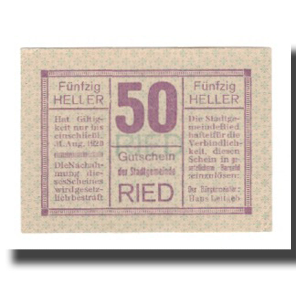Banknot, Austria, Ried im Innkreis O.Ö. Stadtgemeinde, 50 Heller, texte 1