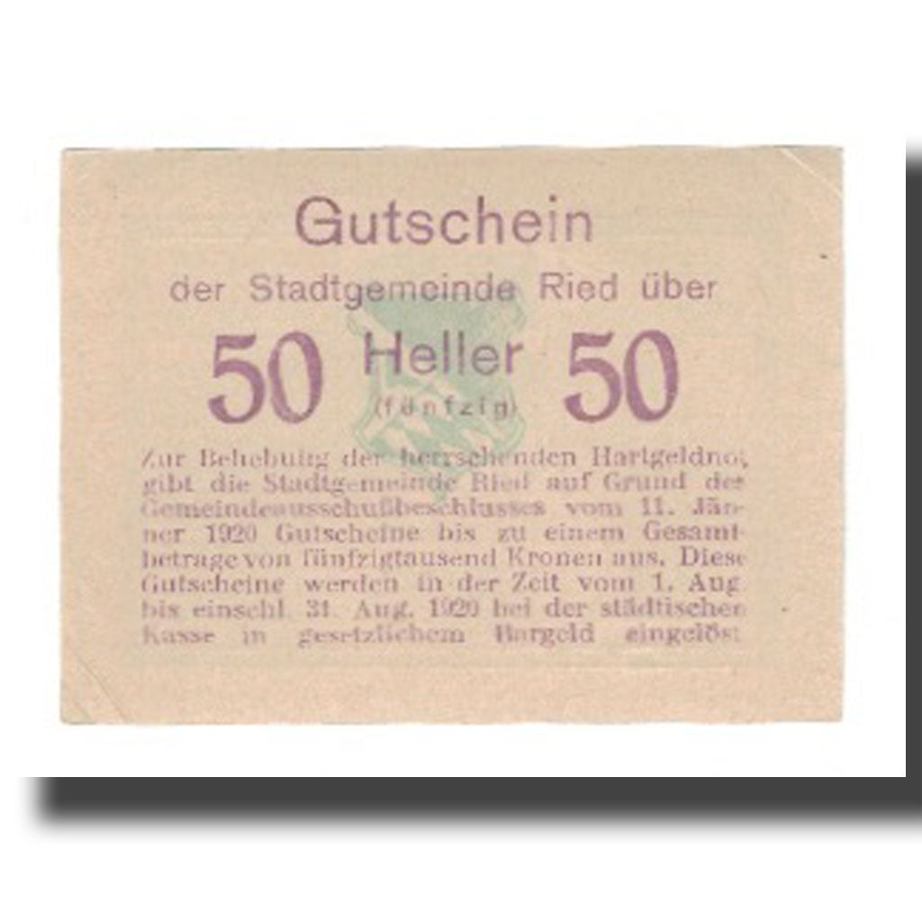 Banknot, Austria, Ried im Innkreis O.Ö. Stadtgemeinde, 50 Heller, texte 1