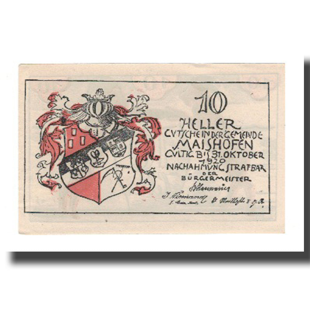 Geldschein, Österreich, Maishofen Sbg. Gemeinde, 10 Heller, Blason, 1920