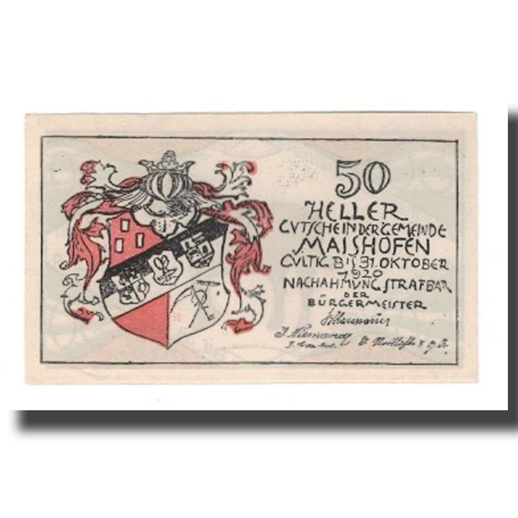 Banknot, Austria, Maishofen Sbg. Gemeinde, 50 Heller, Blason 2, 1920