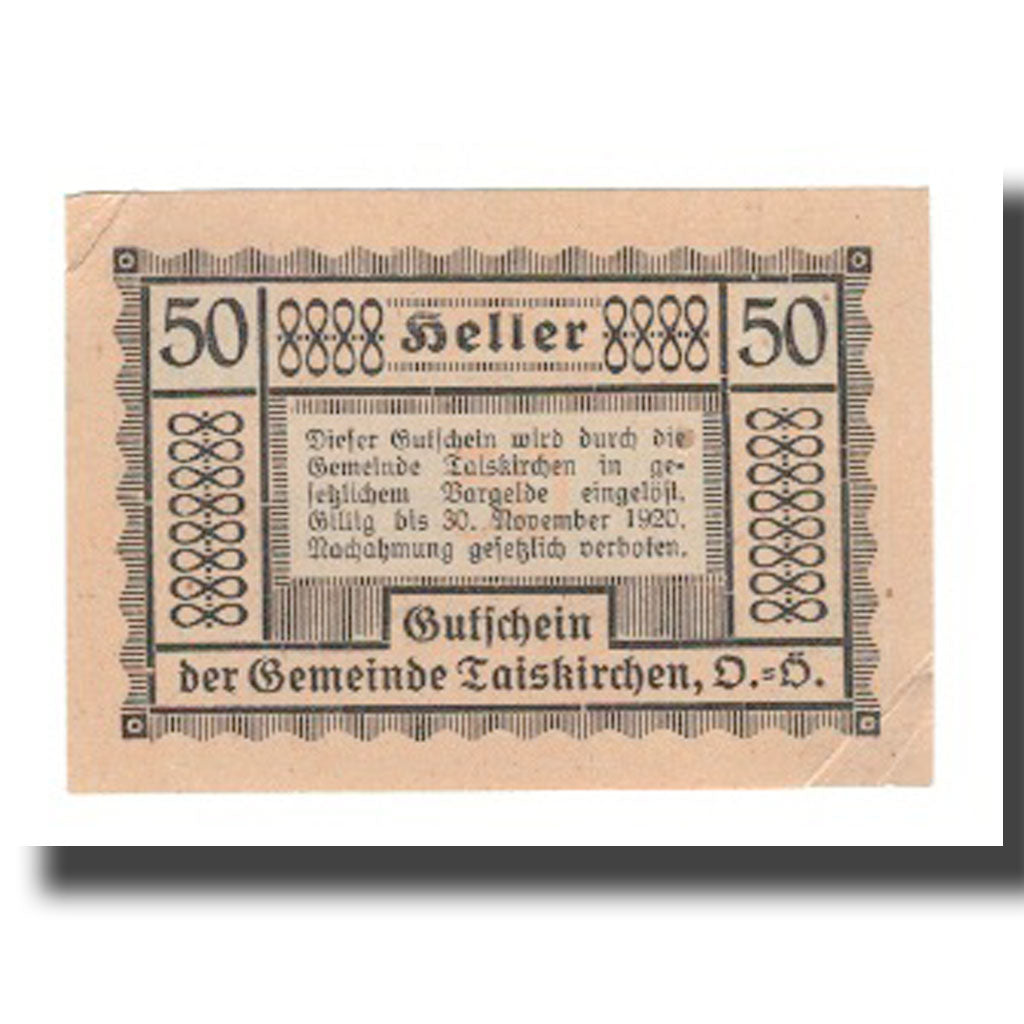 Banknot, Austria, Taiskirchen O.Ö. Gemeinde, 50 Heller, Texte, 1920