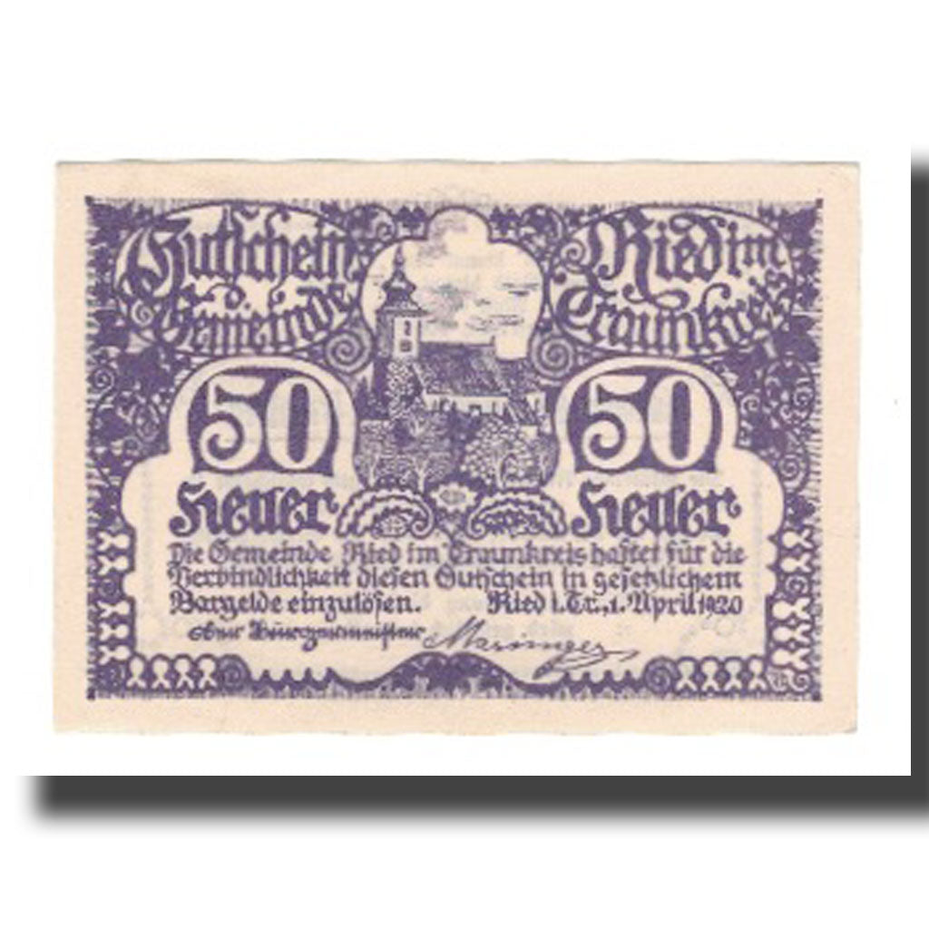Banknot, Austria, Ried im Traunkreis O.Ö. Gemeinde, 50 Heller, Texte 2, 1920