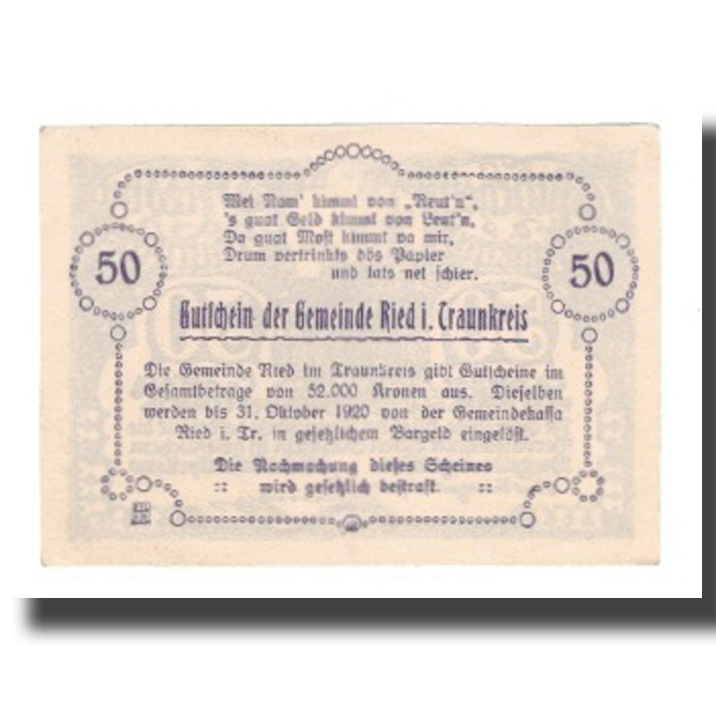 Banknot, Austria, Ried im Traunkreis O.Ö. Gemeinde, 50 Heller, Texte 2, 1920