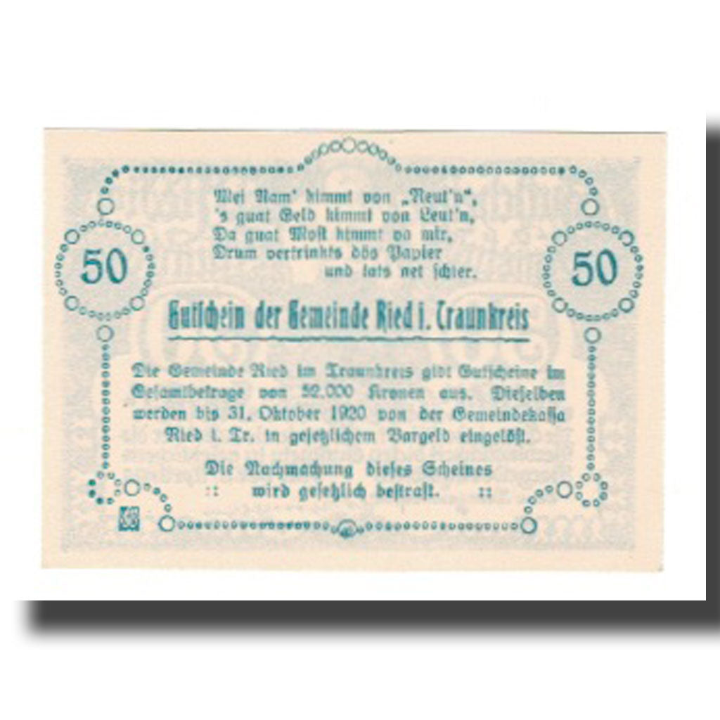 Banknot, Austria, Ried im Traunkreis O.Ö. Gemeinde, 50 Heller, Texte 3, 1920