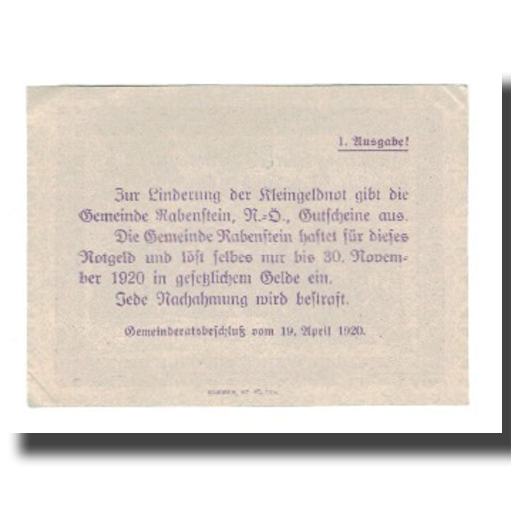 Banknot, Austria, Rabenstein N.Ö. Gemeinde, 50 Heller, Texte, 1920, 1920-11-30