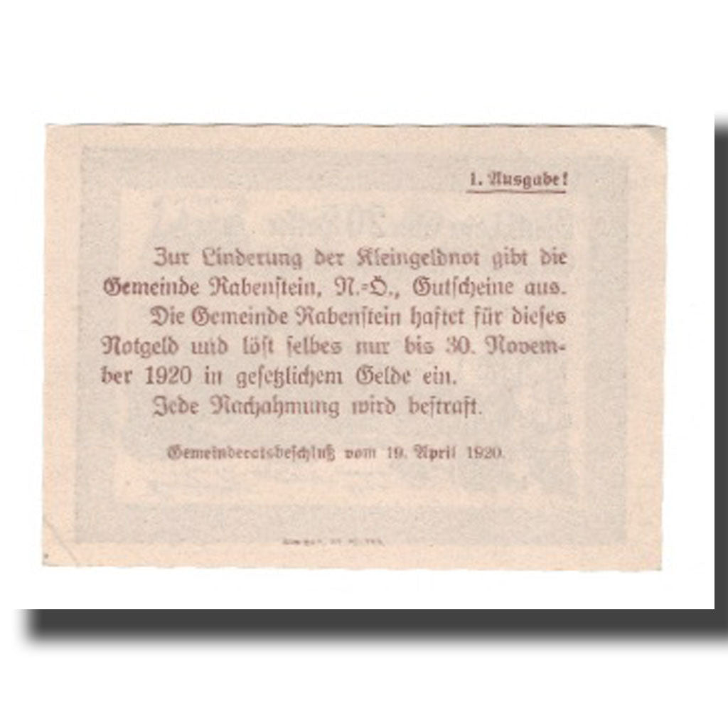 Banknot, Austria, Rabenstein N.Ö. Gemeinde, 20 Heller, texte 1, 1920