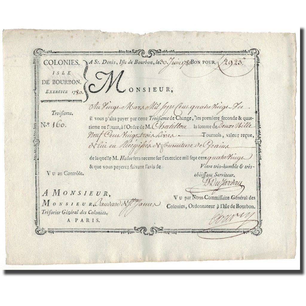 Francia, Traite, Colonies, Isle de Bourbon, 2923 Livres Tournois, 1780, SPL-