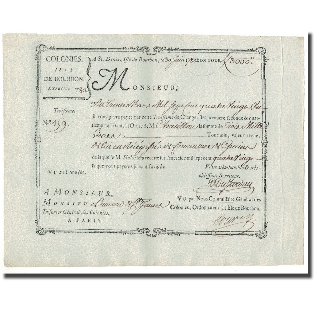 Francia, Traite, Colonies, Isle de Bourbon, 3000 Livres Tournois, 1780, SPL-