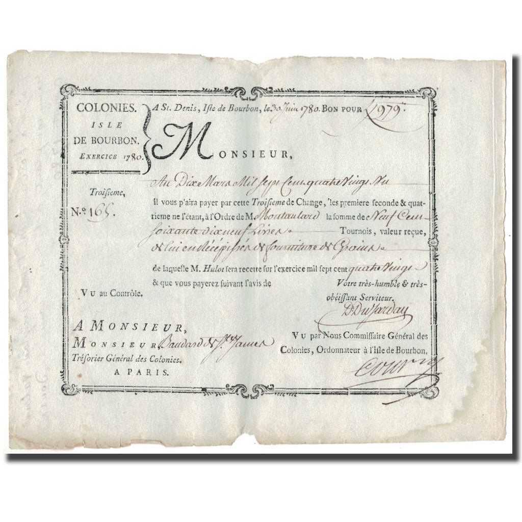 Francia, Traite, Colonies, Isle de Bourbon, 979 Livres Tournois, 1780, SPL-