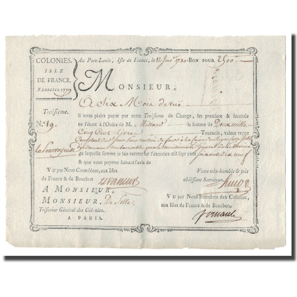 Francja, Traite, Colonies, Isle de France, 2500 Livres Tournois, 1780, AU(55-58)