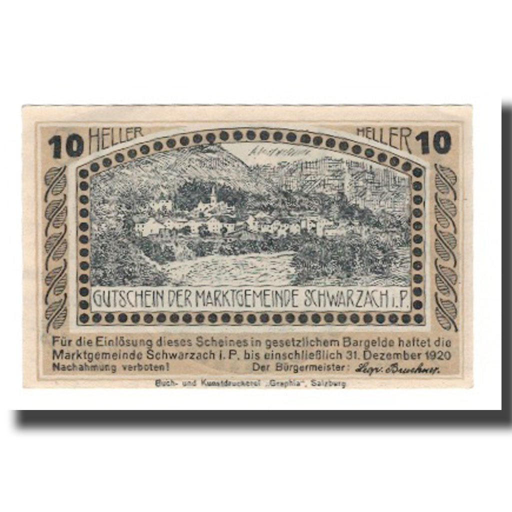 Banknot, Austria, Schwarzach im Pongau Sbg. Marktgemeinde, 10 Heller, paysage