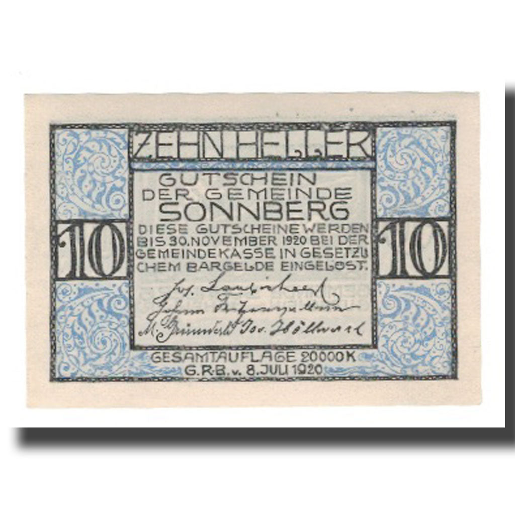 Banconote, Austria, Sonnberg O.Ö. Gemeinde, 10 Heller, personnage, 1920