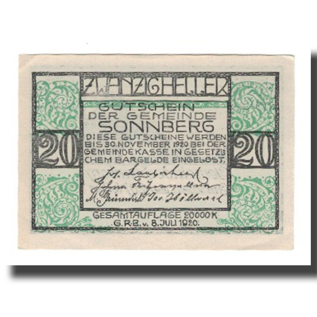 Geldschein, Österreich, Sonnberg O.Ö. Gemeinde, 20 Heller, paysage, 1920