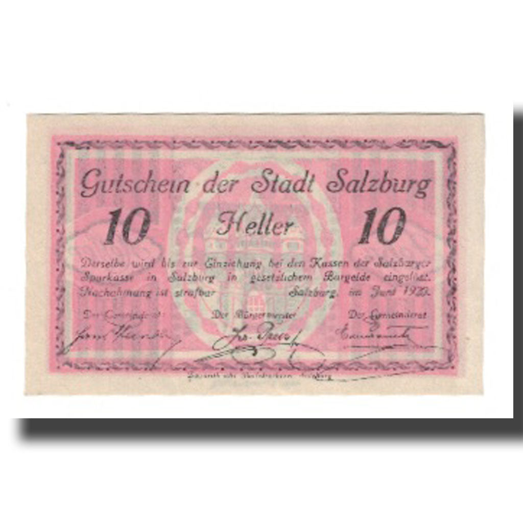 Banknot, Austria, Salzburg Sbg. Stadt, 10 Heller, Batiment, 1920, Undated