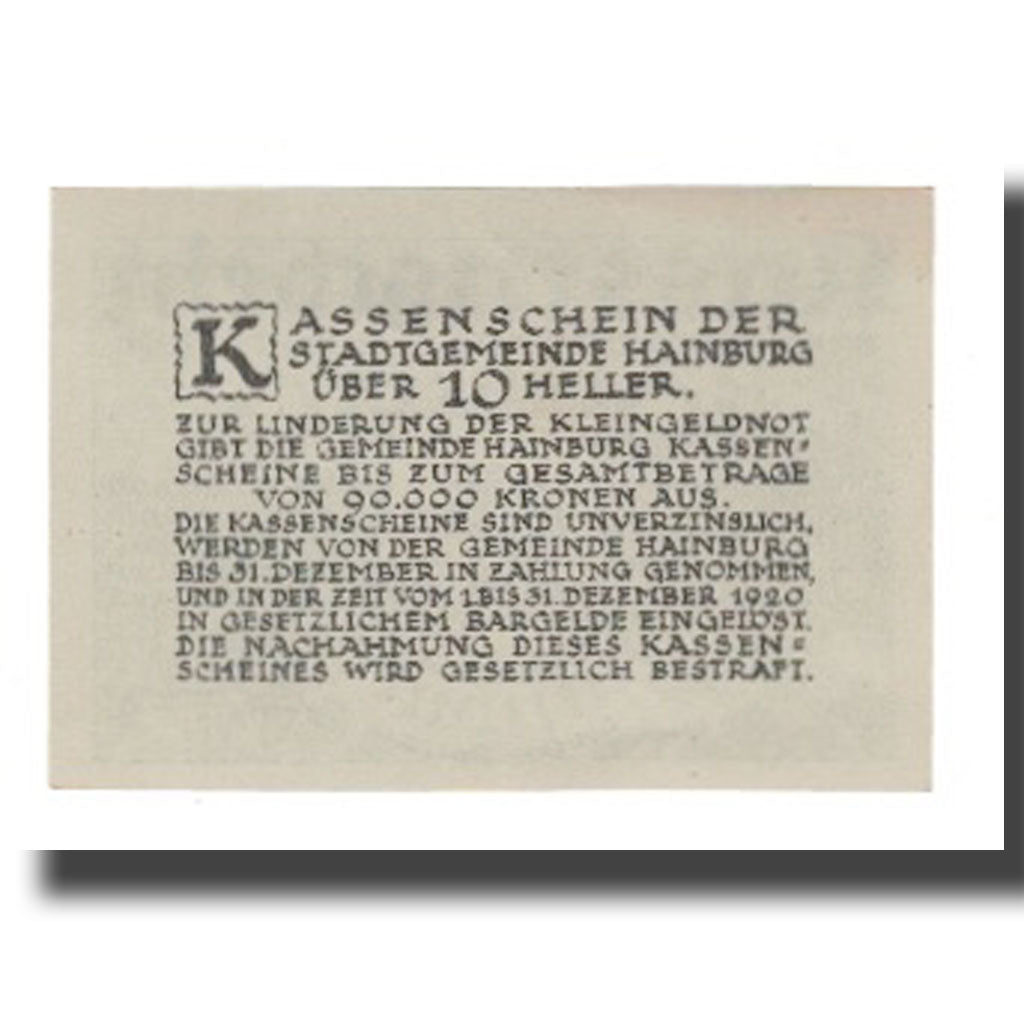 Banknot, Austria, Hainburg A.D. Donau N.Ö. Stadtgemeinde, 10 Heller, Texte