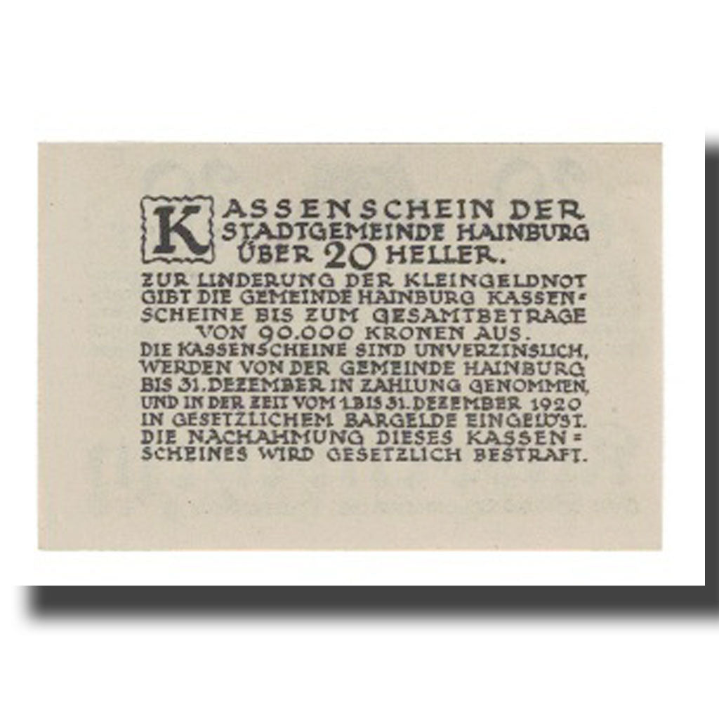 Geldschein, Österreich, Hainburg A.D. Donau N.Ö. Stadtgemeinde, 20 Heller