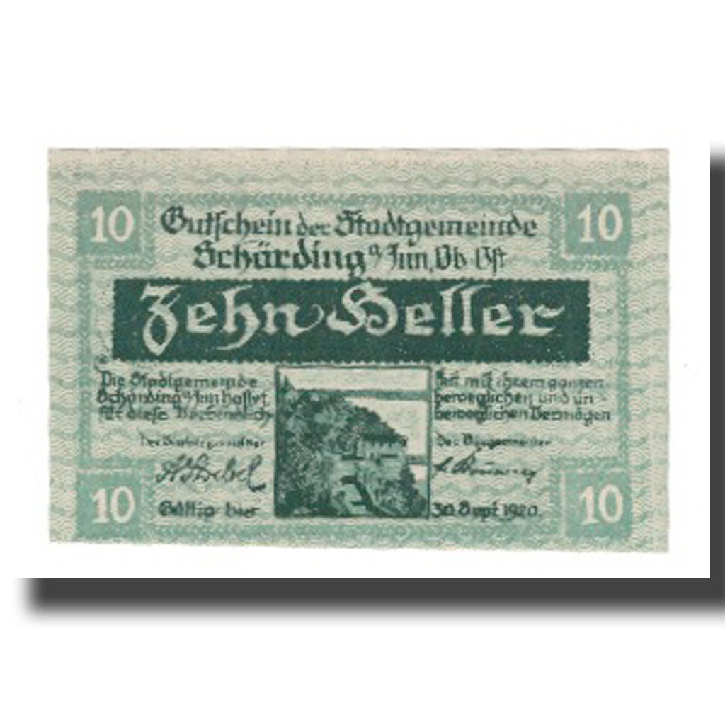 Banknot, Austria, Schärding O.Ö. Stadtgemeinde, 10 Heller, Texte, 1920