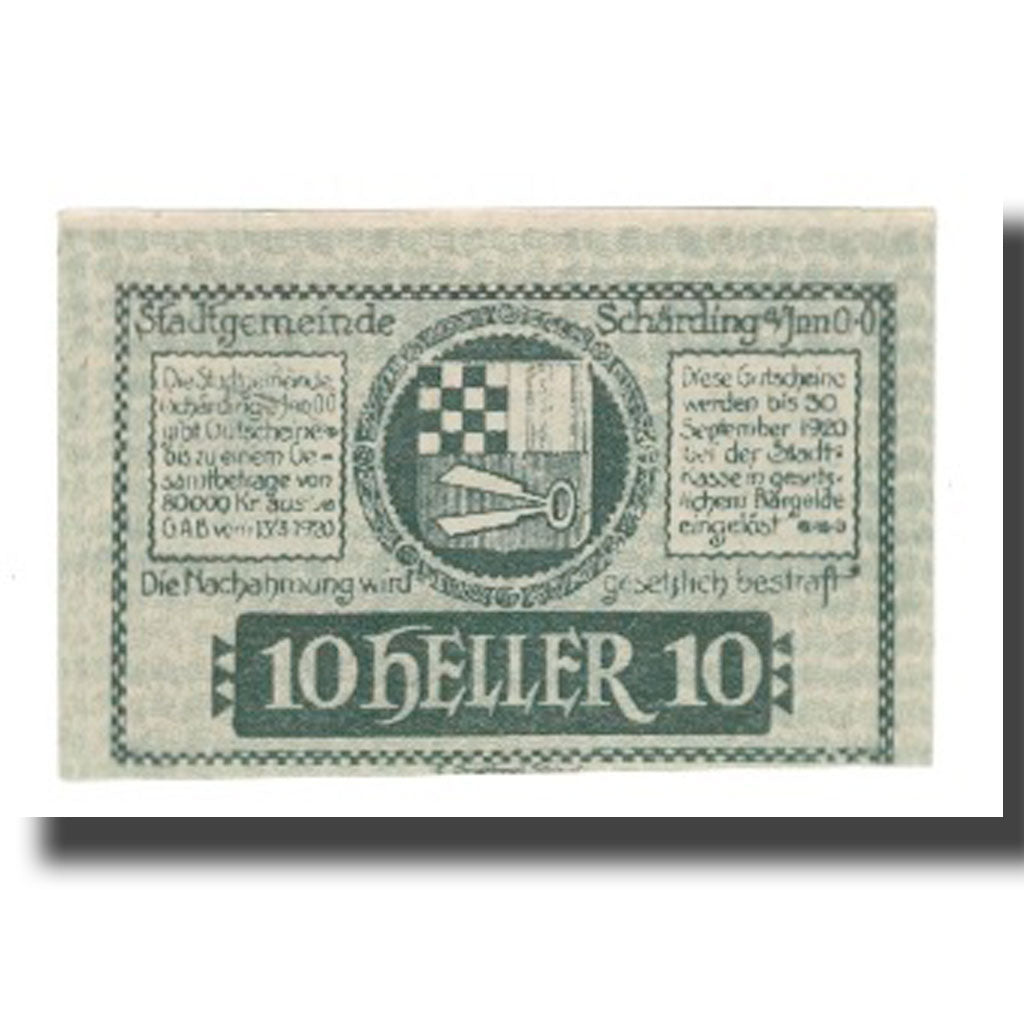 Banknot, Austria, Schärding O.Ö. Stadtgemeinde, 10 Heller, Texte, 1920