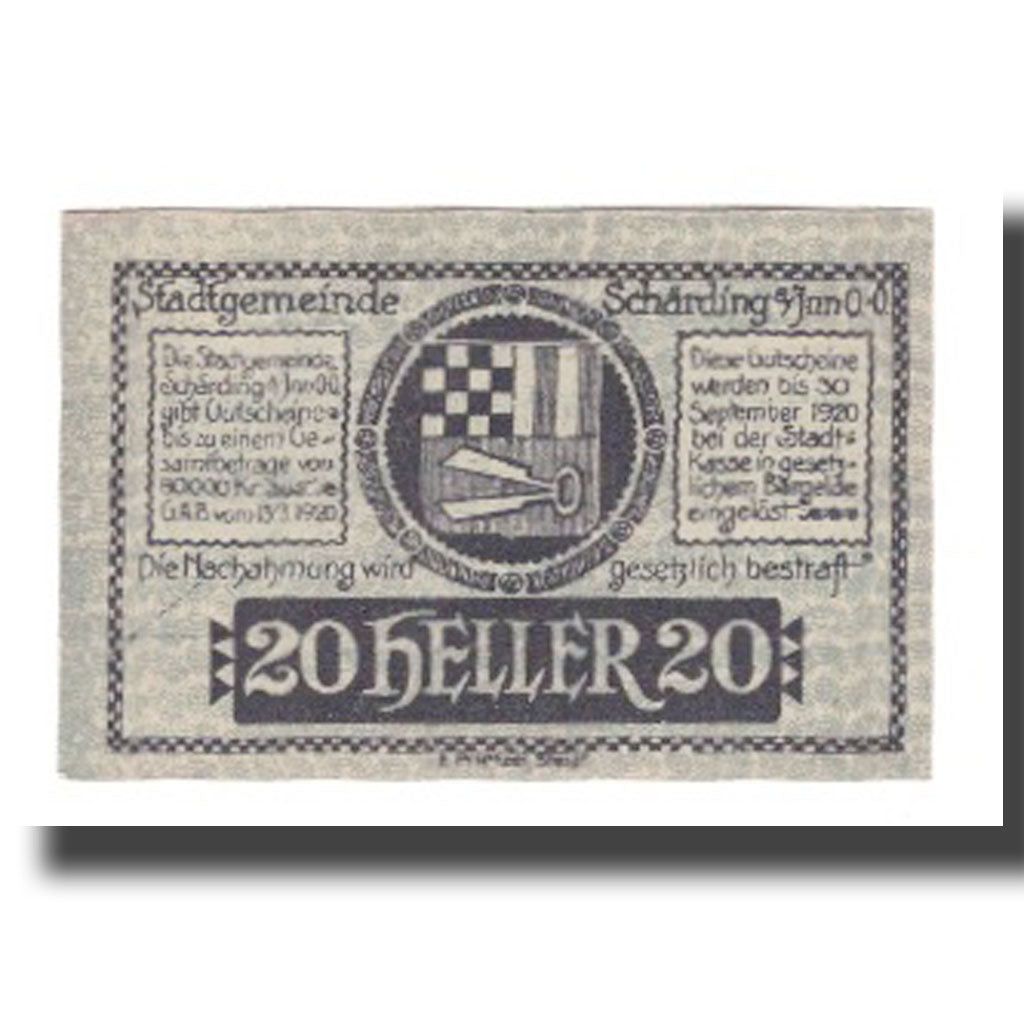 Banknot, Austria, Schärding O.Ö. Stadtgemeinde, 20 Heller, texte 1, 1920