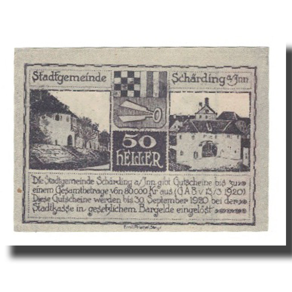 Banknot, Austria, Schärding O.Ö. Stadtgemeinde, 50 Heller, Texte 2, 1920