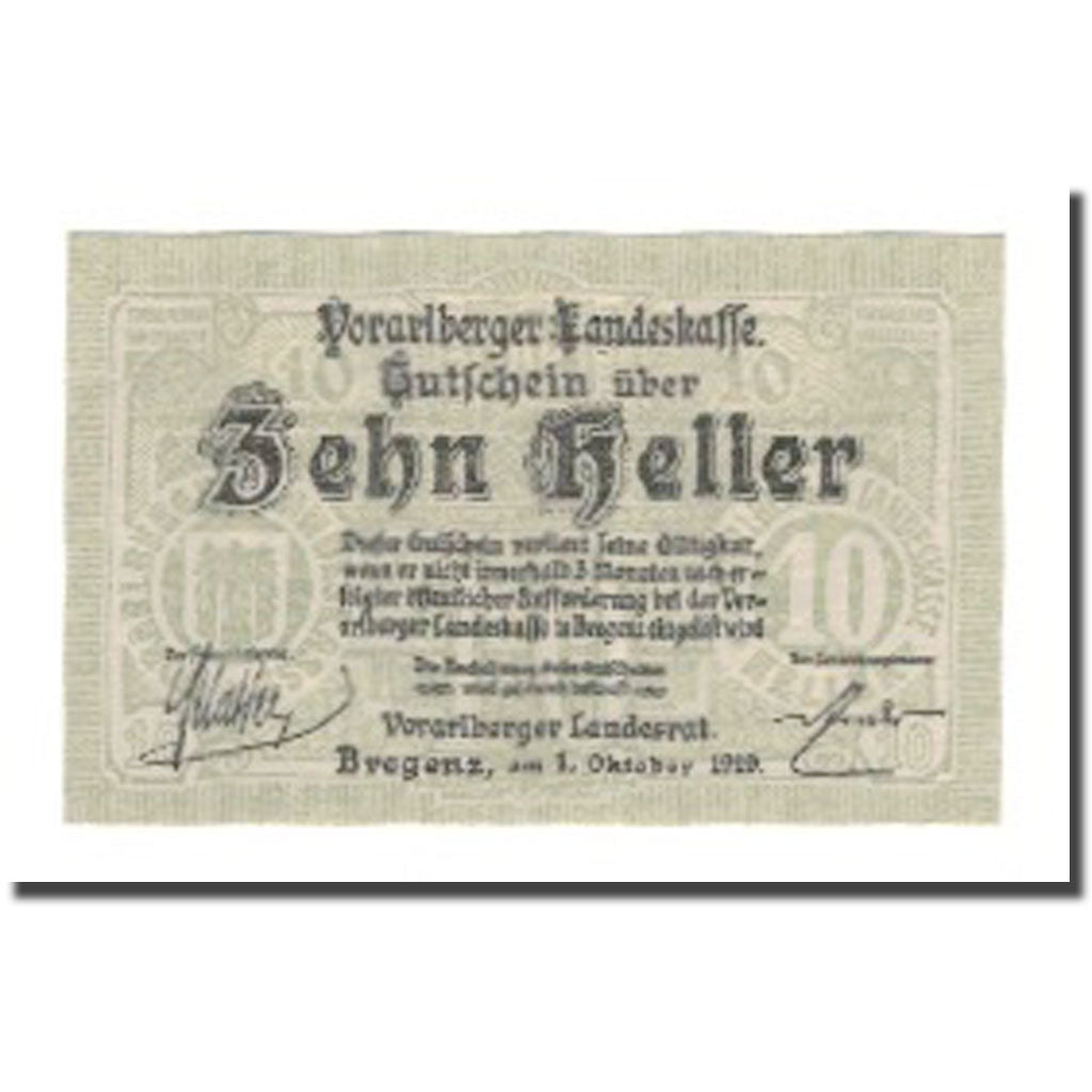 Banknot, Austria, Vorarlberger Landeskasse Vorarlberg Land, 10 Heller, valeur