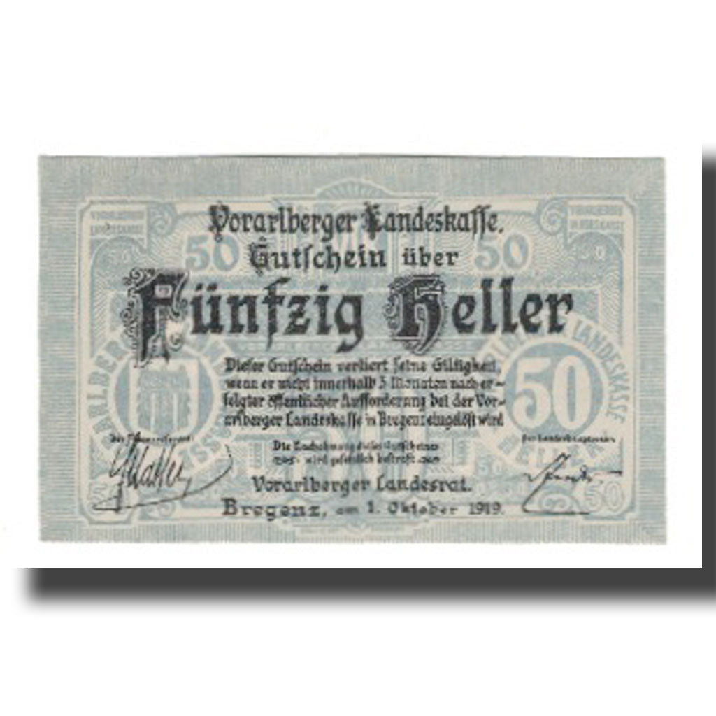 Billet, Autriche, Vorarlberger Landeskasse Vorarlberg Land, 50 Heller, valeur