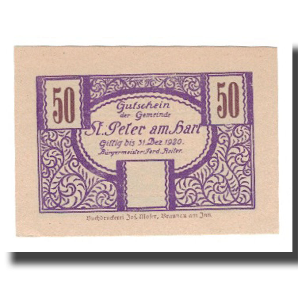 Geldschein, Österreich, St. Peter am Hart O.Ö. Gemeinde, 50 Heller, paysage